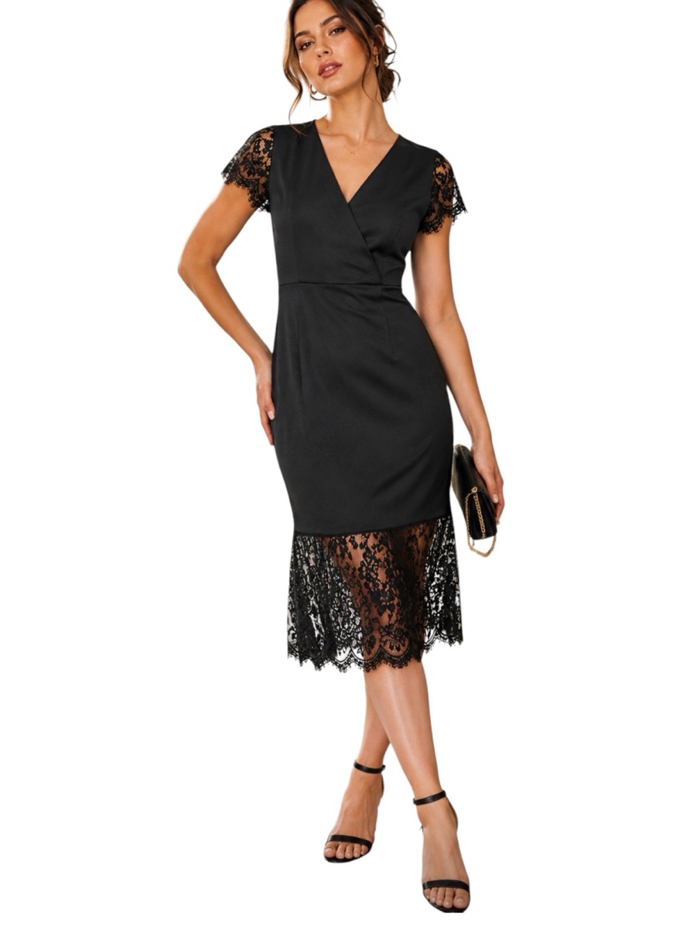 Nanette Lepore Black Lace Trim Sheath Dress V Neck Cap Sleeve Cocktail LBD New